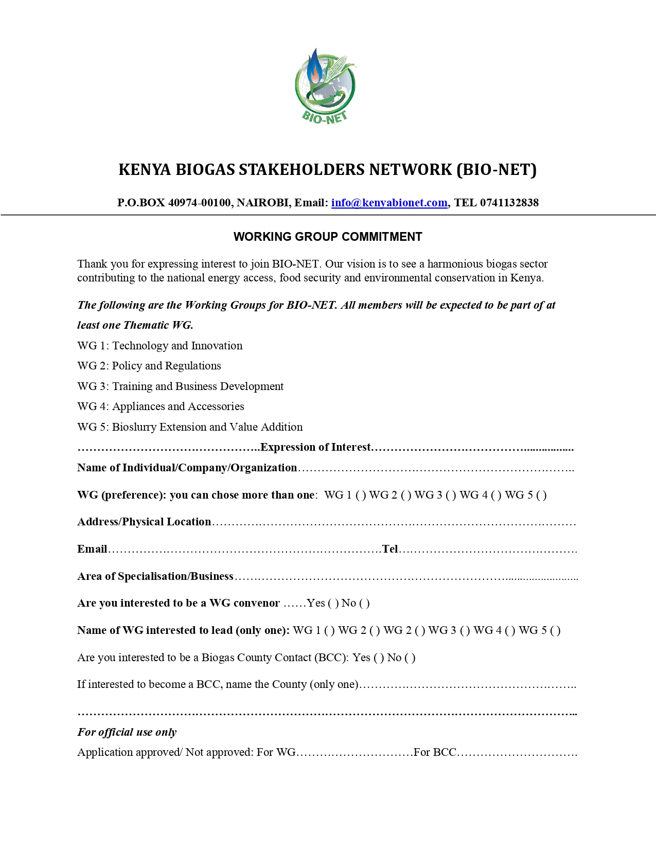 BIO-NET WG Commitment Form